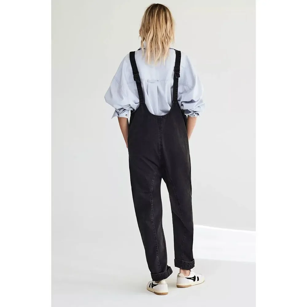 Free People We The Free High Roller Denim Overalls - Mineral Black S
